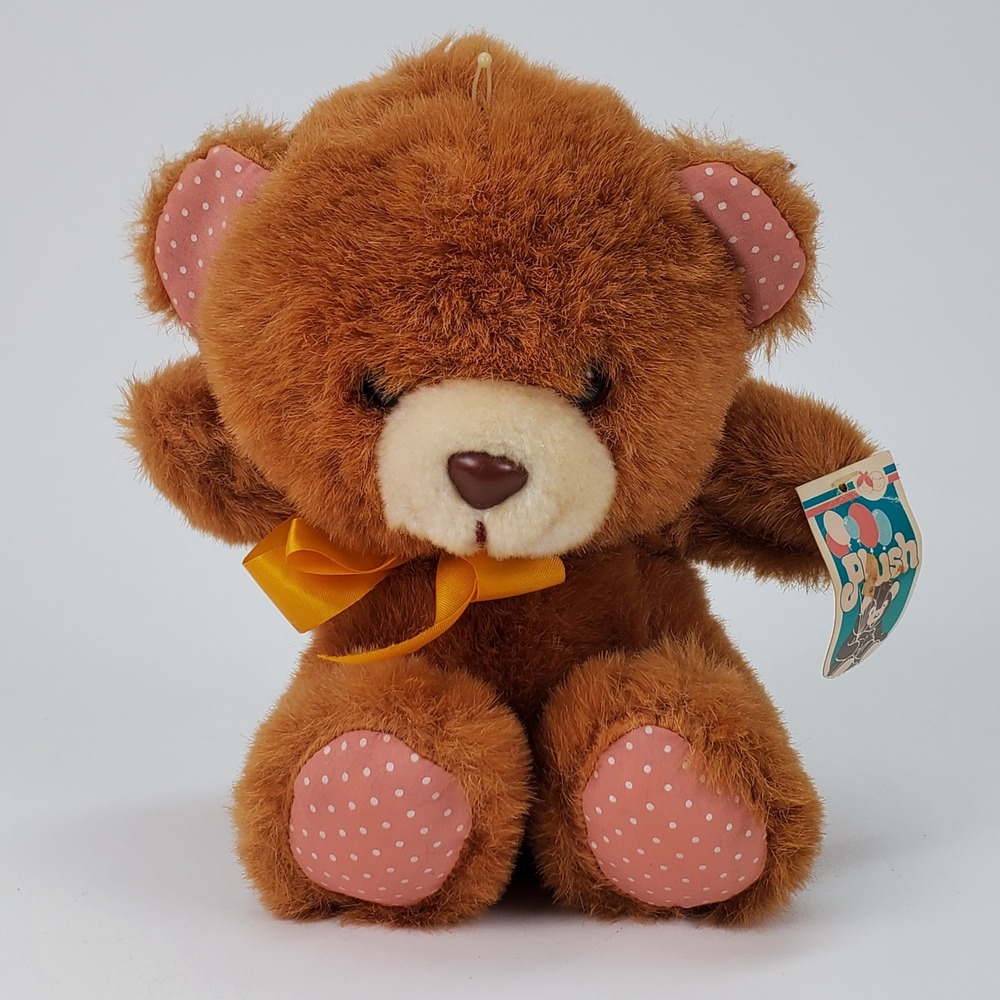 1988 McCrory Corp Brown Teddy Bear Plush Pink Polka Dot Ears 8 Inch